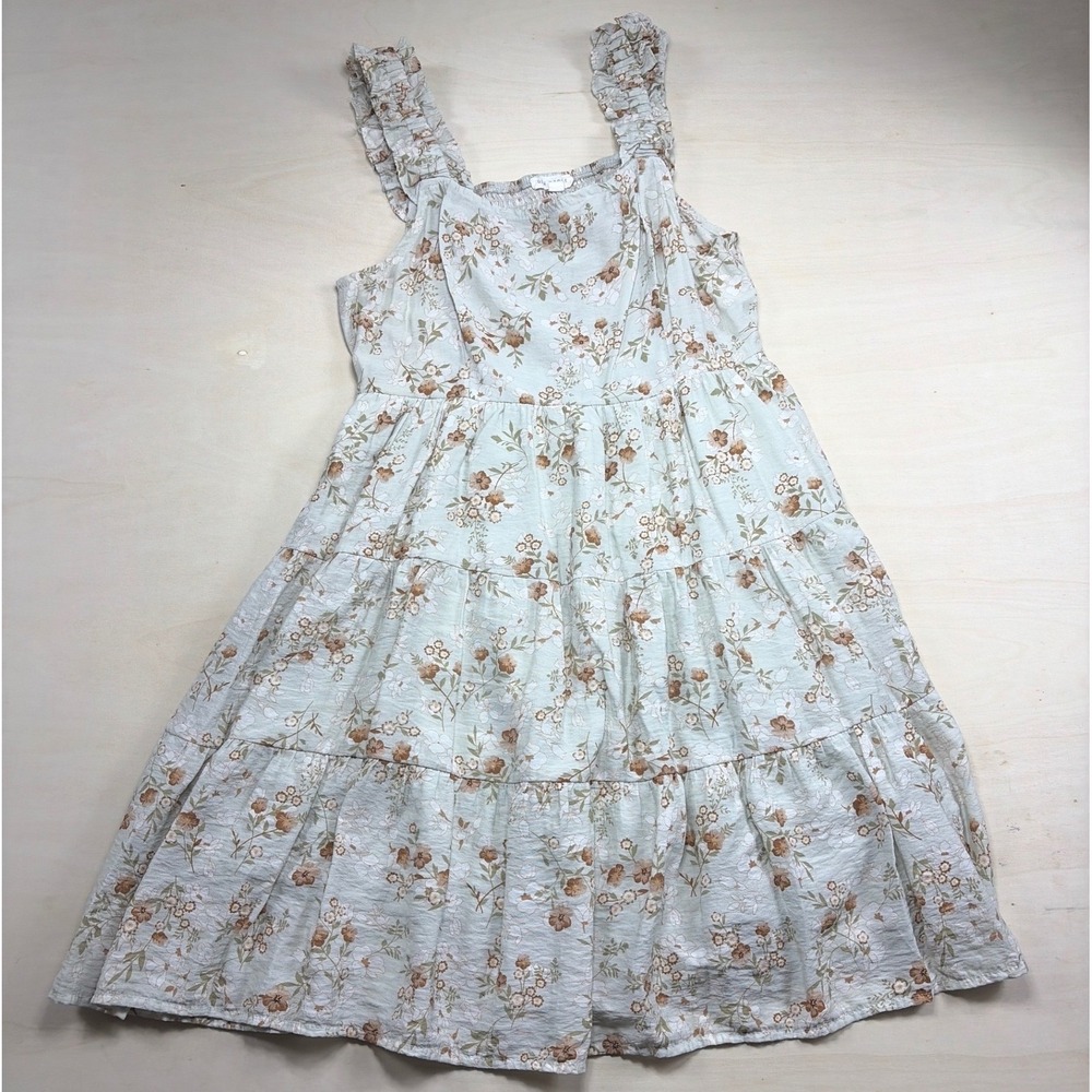 Blu Pepper Sage Green Floral Ruffle Tiered Mini Dress Smocked Back Size M